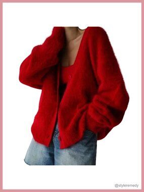 Womens Fuzzy Mohair Cardigan V-Neck Button Down Oversized Y2K Sweater